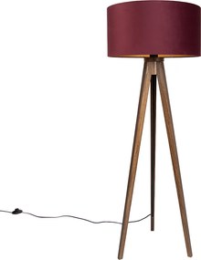 Stojacia lampa orechové drevo trojnožka s červeným tienidlom a zlatým interiérom 50cm - Tripod Classic