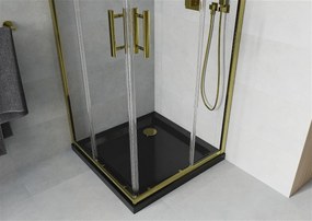 Mexen Rio, štvorcový sprchovací kút s posuvnými dverami 90 (dvere) x 90 (dvere) x 190 cm, 5mm číre sklo, zlatý profil + čierna sprchová vanička SLIM, 860-090-090-50-00-4070G