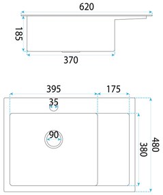 Rea Fin, 1-komorový oceľový drez 620x480x185 mm, brúsená oceľ, ZLE-06012