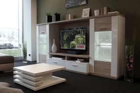 Obývacia stena Caracas Media, dub/biely lesk, s osvetlením