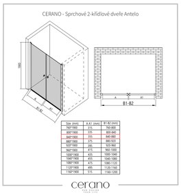 Cerano Antelo, 2-krídlové sprchové dvere do otvoru 84x190 cm, 6 mm číre sklo, čierny matný profil, CER-CER-432346
