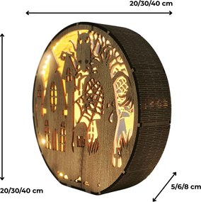 Drevená lampa Halloween - Strašidelný dom s sovou | DRACO: HDF - Orech 20 cm 4796-115339 LED0619