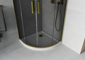 Mexen Rio, štvrťkruhový sprchovací kút s posuvnými dverami 90 (dvere) x 90 (dvere) x 190 cm, 5mm šedé sklo, zlatý profil + biela sprchová vanička SLIM, 863-090-090-50-40-4110G