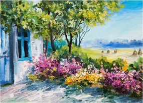 Sklenený obraz záhradky pred domom, olejomaľba (70x50 cm)