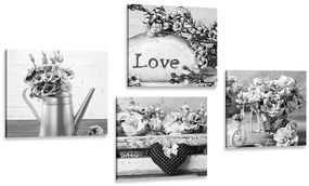 Set obrazov romantické vintage zátišie v čiernobielom