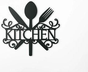 drevko Drevený nápis Kitchen s príborom a zdobením Rozmer obrazu: 32,5 x 34,5 cm, Farba dekorácie: Čierna