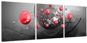 Obraz červených abstraktných gulí (s hodinami) (90x30 cm)
