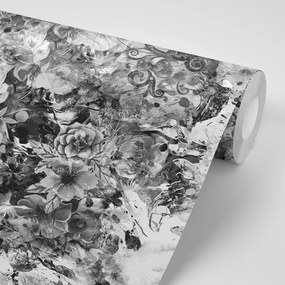 Zaujímavá samolepiaca tapeta rozmanitosť kvetov v čiernobielom prevedení