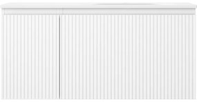 Mexen Rivel, kúpeľňová skrinka 100 cm s pravým umývadlom Vela, 1S, 1D, drážkovaná, biela matná, 91A23-10047-3-BBFF01-W23P01