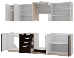 Kuchynská linka Land 260, Farby: dub ferrara / legno tmavé + dub ferrara, Umývadlo: nie, Osvetlenie: osvetlenie LED biele, Príborník: nie