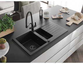 Mexen Matias, granitový drez 900x505x200 mm, 1,5-komorový a drezová batéria Duo, čierna, 6502-77-671701-70-B