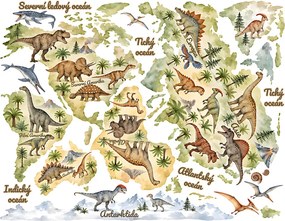 Akvarelová mapa sveta s dinosaurami nálepky na stenu výsledný rozmer 109 x 62 cm