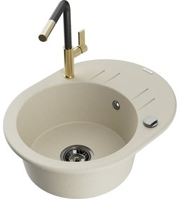 Mexen Kevin, 1-komorový granitový drez 586x458x190 mm a drezová batéria Flora, béžová, 6517-69-670401-57-B