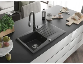 Mexen Cesar, 1-komorový granitový drez 775x470x190 mm a drezová batéria Savita, čierna škvrtnitá, 6514-76-672601-76