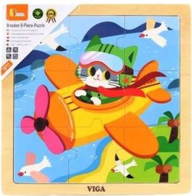 Viga drevené puzzle 9 dielikov - lietadlo s mačkou