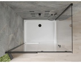 Mexen Omega, sprchovací kút s posuvnými dverami 140 (dvere) x 100 (stena) cm, 8mm číre sklo, čierny profil + slim sprchová vanička biela s čiernym sifónom, 825-140-100-70-00-4010B