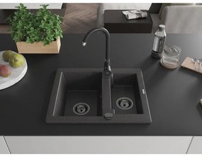 Mexen Carlos, granitový drez 582x475x177 mm, 1,5-komorový, čierna škvrnitá s čiernym sifónom, 6518581500-76-B