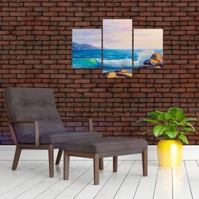 Obraz vĺn narážajúcich na útesy, olejomaľba (90x60 cm)