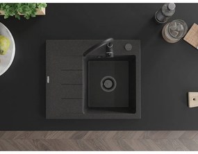 Mexen Ben, 1-komorový granitový drez 600x500x190 mm, pravý + čierny sifón, čierna škvrnitá, 6523605000-76-B