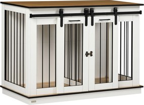 Nábytok pre psov PawHut - Psí kotec s možnosťou dvoch miestností, moderná kovová dog box s 2 dverami pre vnútorné použitie, psí domček pre veľké psy d