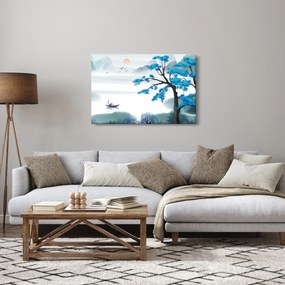Obraz - Maľované jazero s loďkou (90x60 cm)