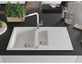 Mexen Matias, 1,5-komorový granitový drez 900x505x200 mm a drezová batéria Flora, biela, 6502-20-670401-02