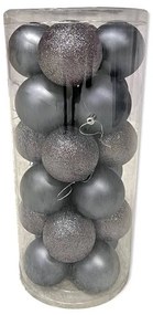 DECOLED Vianočné ozdoby - sada plastových guľôčok, 24 ks, d. 6 cm, tmavo strieborná, 12 x trblietavá, 12 x matná