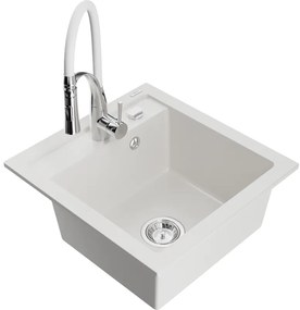 Mexen Vito, 1-komorový granitový drez 520x490x210 mm, drezová batéria Aster, biela, 6503-20-73450-02