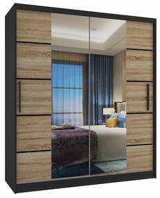 Šatníková skriňa 133 cm Belini čierny mat / dub sonoma s posuvnými dverami zrkadlom a zásuvkami ME SZP6/1/B/DS/0/KLP