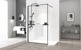 Rea Bler, sprchová zástena 90x195 cm, 8mm číre sklo, čierny matný profil + polica a vešiak EVO, KPL-K7638
