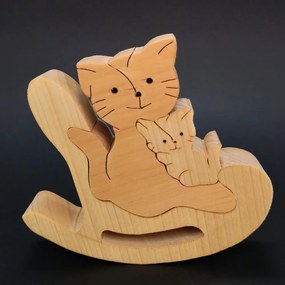 AMADEA Drevené puzzle hojdacia mačka, masívne drevo dvoch druhov drevín, 14x11,5x3 cm