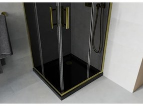Mexen Rio, štvorcový sprchovací kút s posuvnými dverami 80(dvere) x 80(dvere) x 190 cm, 6mm šedé sklo, zlatý profil + čierna sprchová vanička SLIM, 860-080-080-50-40-4070G