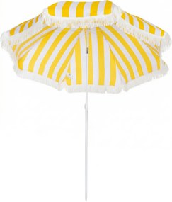 Outsunny plážový slnečník s boho strapcami, priemer 180 cm, nastaviteľná výška a 30° naklonenie — žlto-biely | Aosom