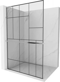 Mexen Kioto+ L, sprchová zástena Walk-In s poličkou a vešiakom 110 x 200 cm, 8mm číre sklo čierny vzor, chrómový profil, 800-110-123-01-78