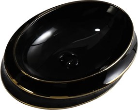BPS-koupelny Keramické umývadlo na dosku HYD-YO-BL-GL-LN-600 60x40 cm, čierne/zlatý prúžok