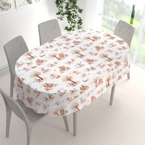 Biante Detský bavlnený oválny obrus Sandra SA-696 Líšky na bicykloch - hnedé na bielom 80x120 cm