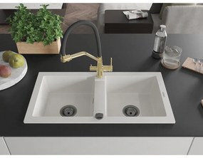 Mexen Mario, granitový drez 820x436x161 mm, 2-komorový a drezová batéria Duo, biela, 6504-20-671701-57-B
