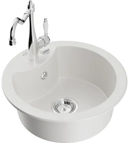 Mexen Diego, granitový drez 488x488x167 mm, 1-komorový a drezová batéria Carla, biela, 6512-20-670700-00