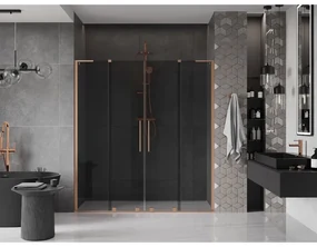 Mexen Velar L Duo, posuvné sprchové dvere do otvoru 200 cm, 8mm šedé sklo, medená matná, 871-200-003-42-65