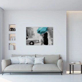 Obraz - Zamilovaný pár s dáždnikom, modrý (90x60 cm)
