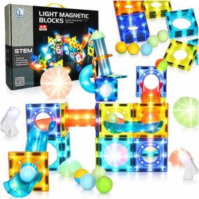 Magnetická stavebnica KIK – svietiaca guľôčková dráha Marble, 49 dielov