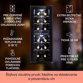 Klarstein Shiraz 12 Duo vinotéka 2 zóny 42L/12 fliaš 5-12 / 12-18 °C Touch