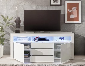 Široká TV skrinka Leeds, biela lesk, s osvetlením