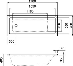 Erga Pureline-S, vaňa 1700x700x400 mm bez nožičiek, biela lesklá, ERG-V07-PURELINE-S-170x070-WH