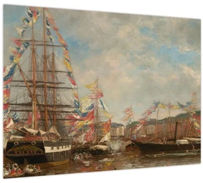 Sklenený obraz - Eugène Boudin, Festival in the Harbor of Honfleur, reprodukcia (70x50 cm)