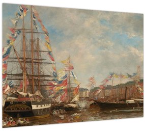 Sklenený obraz - Eugène Boudin, Festival in the Harbor of Honfleur, reprodukcia (70x50 cm)