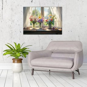 Sklenený obraz - Kytica pri okne (70x50 cm)