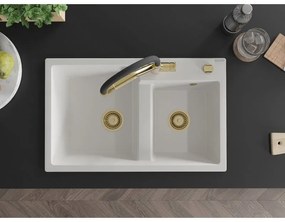 Mexen Tomas, 2-komorový granitový drez 800x500x190 mm  a kuchynská batéria Duo, biela, 6516-20-671701-57-G