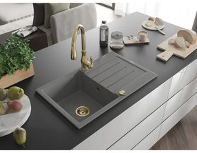Mexen Bruno, 1-komorový granitový drez 795x495x200 mm a drezová batéria Savita, šedá, 6513-71-672601-50