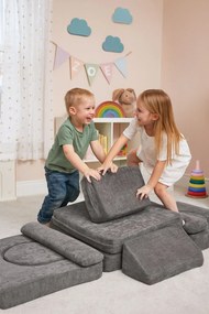 Modulárna rozkladacia pohovka pre deti veľká 2-miestna DIY 10 mäkkých vankúšov šenilová látka - sivá ECOTOYS
